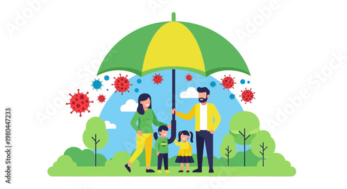 Family Protected Under Umbrella from Coronavirus Pandemic, Health Safety Concept
