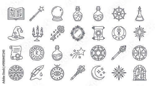 Magic and fantasy outline icons set with wizard hat potion crystal mirror scroll sword compass and mystical symbols in editable vector line style