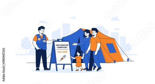 Family receives vaccination at outdoor campaign tent, healthcare worker guides them.