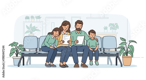 Family waiting in hospital reception, doctor's office, or clinic lobby, reading documents