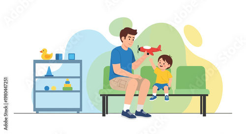 Father and son playing with toy airplane in waiting room, fatherhood, childhood joy