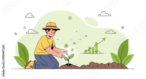Farmer planting seedling, growth chart, concept of sustainable agriculture and business growth