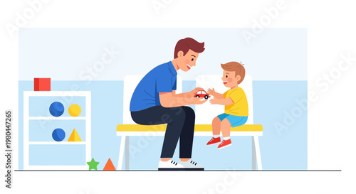 Father and son playing with toy car on bench in playroom with educational toys
