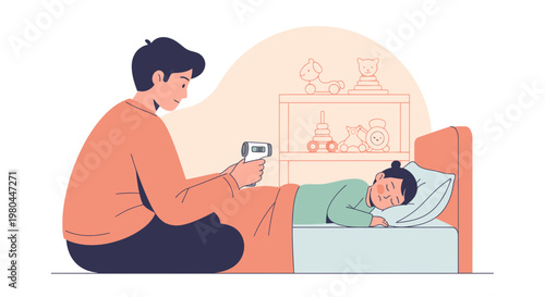 Father checks child's temperature with thermometer, sick kid sleeping in bed