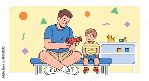 Father and son playing with toy airplane, bonding, childhood, learning, fun, indoor activity