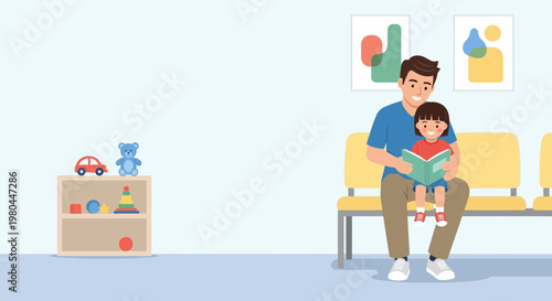 Father reads book to daughter in waiting room with toys and art