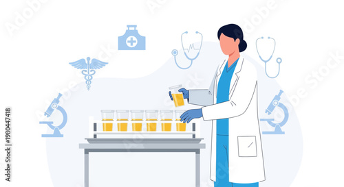 Female scientist conducts urine test in laboratory with microscopes and medical symbols