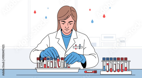 Female scientist in lab coat and gloves analyzing blood samples in test tubes