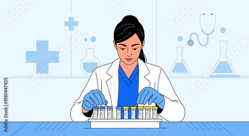Female scientist in lab coat and gloves examining test tubes in a modern laboratory