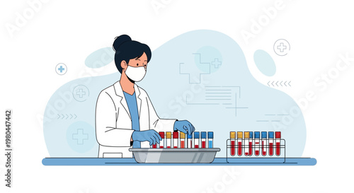 Female scientist in lab coat and mask arranging blood test tubes in rack