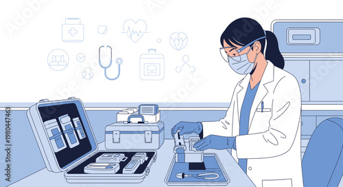 Female scientist in lab coat and mask examining medical equipment in a modern laboratory