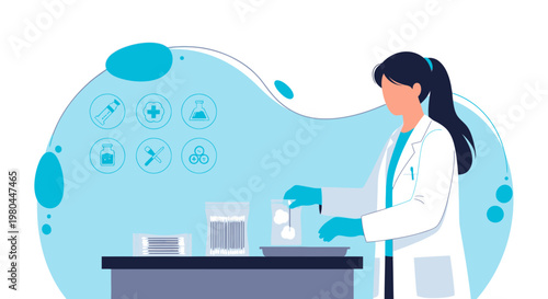 Female scientist in lab coat conducting experiment with medical supplies and icons