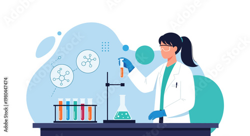 Female scientist in lab coat conducting experiment with test tubes and flask, science research concept