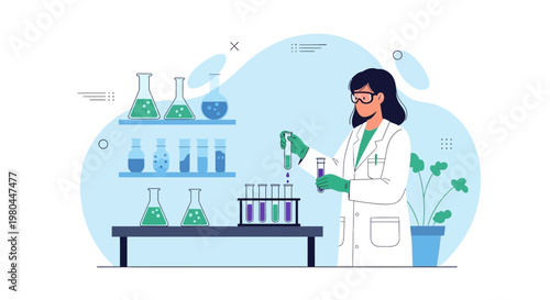 Female scientist in lab coat conducting experiment with test tubes and flasks, science research concept
