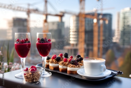 Modern Table Setting with Smoothies and Pastries for a Refreshing Morning Snack