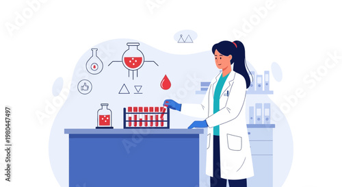 Female scientist in lab coat conducts blood test research with test tubes and equipment