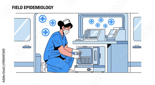Field Epidemiology Nurse in Mobile Lab with Medical Equipment and Cross Symbols