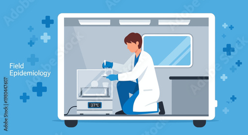 Field Epidemiology Scientist Working in Mobile Laboratory with Incubator
