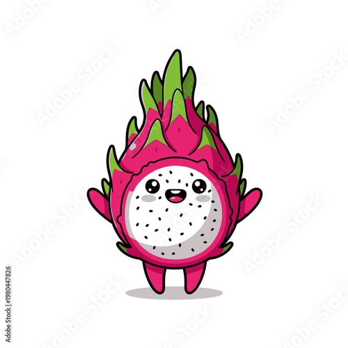Adorable Chibi Dragon Fruit Character Illustration Featuring Vibrant Pink Skin, Green Leafy Scales, White Flesh with Black Seeds, and a Cute Smiling Face Isolated on White Background