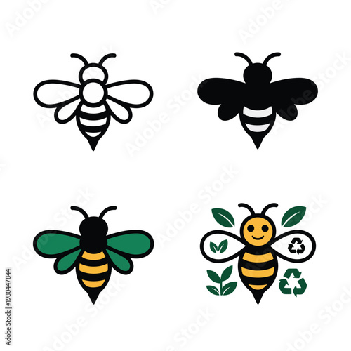 Bee logo collection, outline and filled icons, honey farm branding, apiary workshop poster, pollination event, nature conservation theme, vector illustration