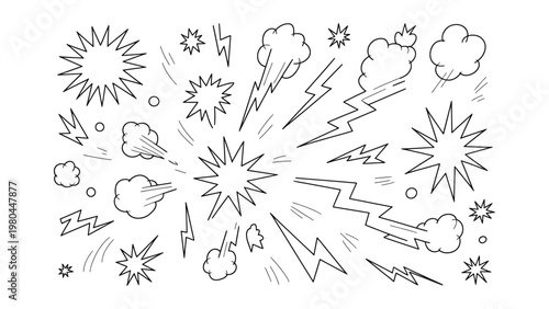 Line speed cartoon effect, boom explosive motion line element set. Comic boom burst, explosive smoke, line speed cartoon vector icon. Hand drawn sketch doodle action effect. Vector illustration