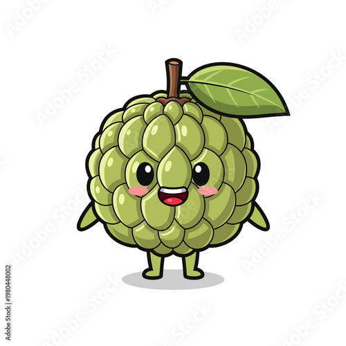 Chibi custard apple character mascot with green bumpy skin, large eyes, smiling expression, and a single green leaf on a stem, isolated on a white background vector illustration.