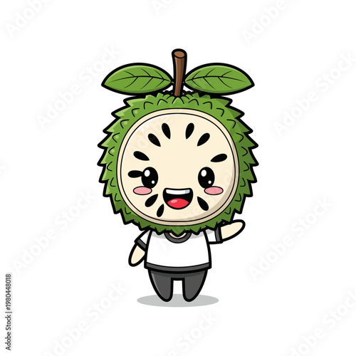 Cute chibi mascot character of a soursop fruit with green spiky skin and a cross-section face showing white pulp and black seeds, wearing a white shirt and waving against a plain background.