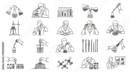 Continuous line drawing science set with laboratory tools, researchers and chemistry symbols, minimalist vector collection for education, medicine and experiments