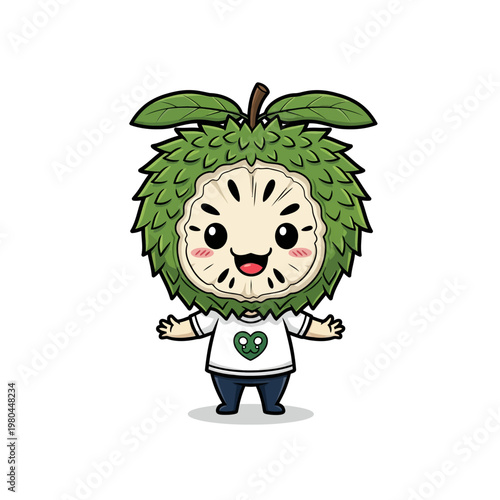 Cute chibi character mascot wearing a detailed soursop fruit headpiece featuring green spiky skin and white internal flesh with black seeds, wearing a white t-shirt on a white background.
