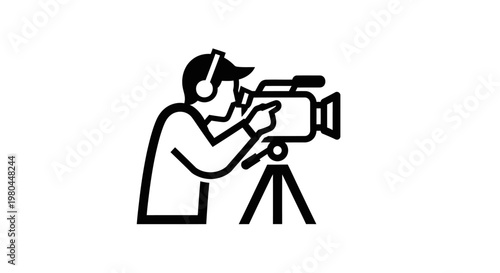 Professional Camera Operator Icon, Videographer with Camera on Tripod Silhouette Vector Illustration