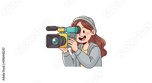 Young Female Videographer Character Holding a Professional Video Camera, Cartoon Vector Illustratio