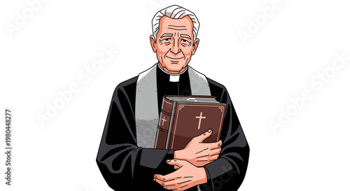 Smiling Elderly Catholic Priest Holding Brown Holy Bible, Religious Leader Vector Illustration