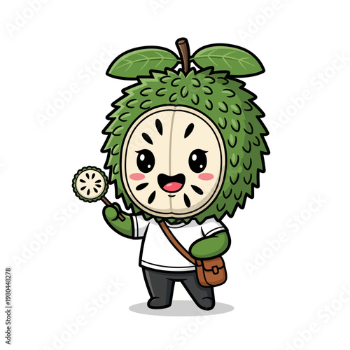 Cute chibi character illustration wearing a soursop or guanabana fruit costume with a green spiky exterior and white pulp face, holding a fruit wand and wearing a messenger bag.