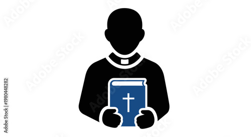 Bald Catholic Priest Icon with Blue Holy Bible, Minimalist Black Silhouette Vector Illustration