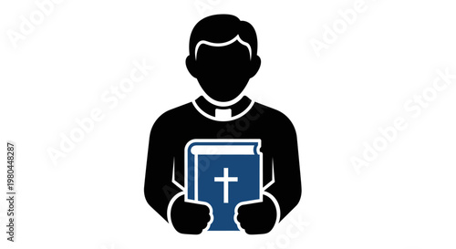 Catholic Priest Icon with Blue Holy Bible, Minimalist Black Silhouette Vector Illustration