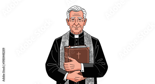 Friendly Elderly Catholic Priest with Stole Holding Brown Holy Bible, Character Vector Illustration
