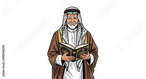 Muslim Man in Traditional Arab Clothing Holding the Holy Quran, Vector Illustration