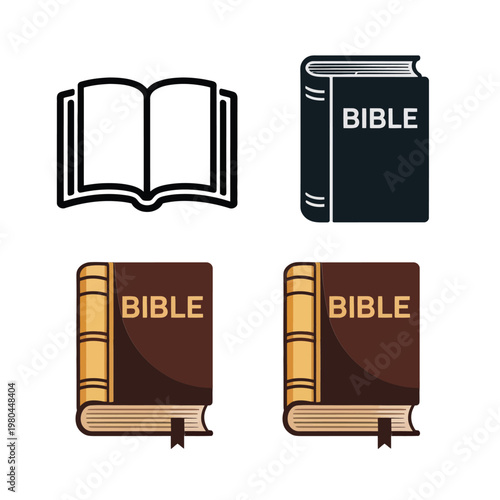 Sacred book icons set with open and closed bibles for sermon series branding, devotional materials, church announcements, worship resources