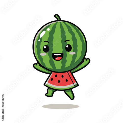 Cute chibi watermelon character illustration featuring a whole green striped watermelon head and a sliced watermelon slice body, jumping happily on a white background.