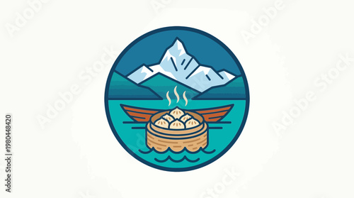 Steaming Dim Sum in a Boat with Mountain Backdrop
