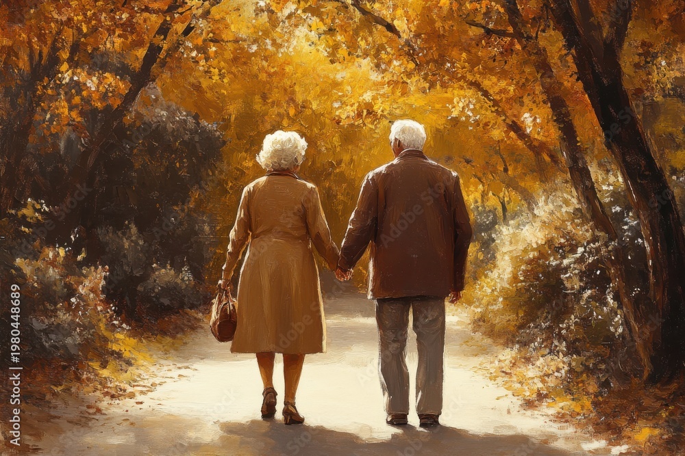 Fototapeta premium Elderly Couple Walking Hand in Hand Through Autumn Garden Path