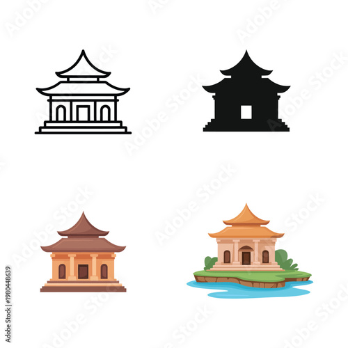 Asian pavilion temple collection, travel landmark graphics, cultural fair poster, lakeside shrine scene, heritage tour event branding, clean vector illustration