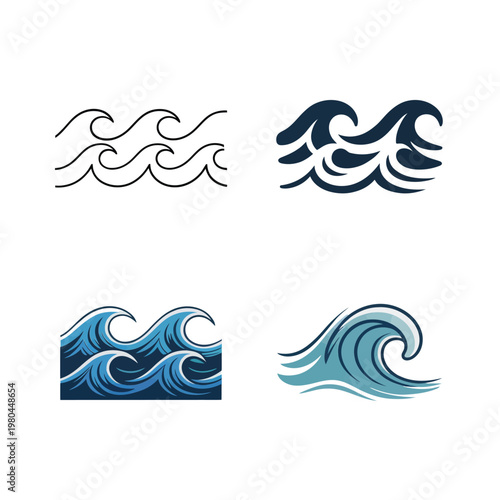 Sea wave forms collection, coastal tourism poster, marine sports event branding, oceanography workshop graphic, tidal motion elements, clean vector illustration