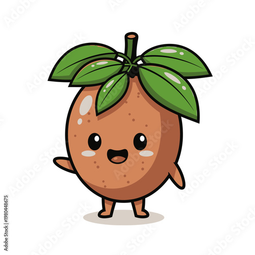 Cute chibi sapodilla fruit mascot character with a smiling face, pink cheeks, and green leaves on top, waving hand, isolated on a white background, flat vector illustration.