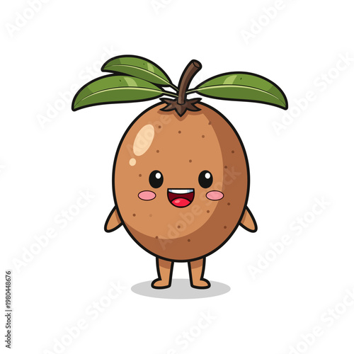 Cute cartoon sapodilla fruit character with a happy smiling face and green leaves, mascot illustration of a tropical sawo or chikoo fruit isolated on white background.