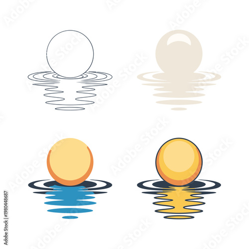 Sunrise reflection icons set, morning meditation retreat poster, beach yoga event branding, calm water symbol collection, wellness design, vector illustration