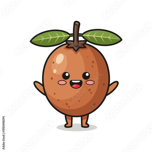 Kawaii chibi sapodilla fruit character with a happy smiling face, pink cheeks, and two green leaves, standing on a white background in a clean flat vector illustration style.
