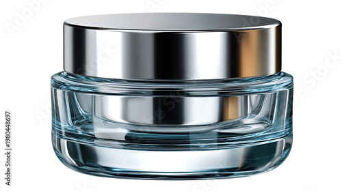 Cosmetic Cream Jar: A sleek, modern cosmetic jar with a shiny silver lid, containing a transparent, hydrating cream. It's designed to represent beauty, skincare, and luxury. 