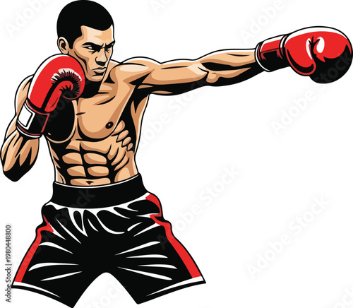 A strong korea model throws a powerful punch while wearing red boxing gloves, ready to compete in a match