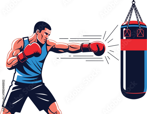 A strong athlete throws a powerful punch at a heavy bag, a dynamic boxing vector illustration of a workout